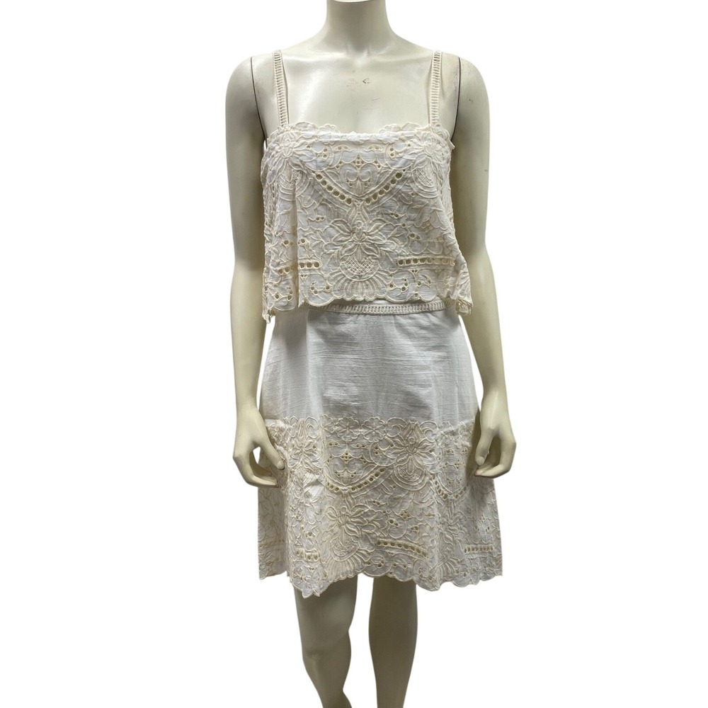 Chelsea & Violet Ivory Eyelet Lace Mini Dress Two Tier Embroidered‎ Skirt Md NWT - Picture 2 of 16